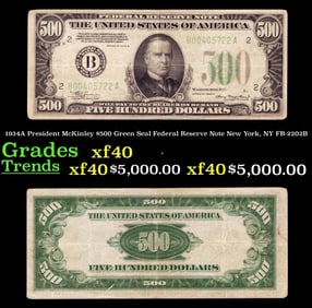 1934A $500 Green Seal Federal Reserve Note President McKinley New York, NY Grades xf FR-2202B