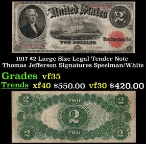 1917 $2 Large Size Legal Tender Note Thomas Jefferson Grades vf++ Signatures Speelman/White
