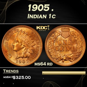 1905 Indian Cent . 1c Grades ms64 rd
