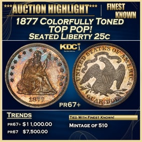 1877 Proof Seated Liberty Quarter Colorfully Toned TOP POP! 25c pr67+ SEGS