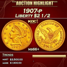 1907-p Gold Liberty Quarter Eagle $2 1/2 ms66+ SEGS