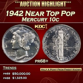 1942 Proof Mercury Dime Near Top Pop 10c pr68+ SEGS