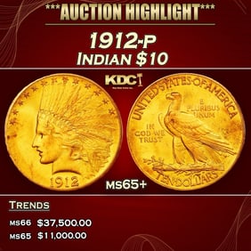 1912-p Gold Indian Eagle $10 ms65+ SEGS
