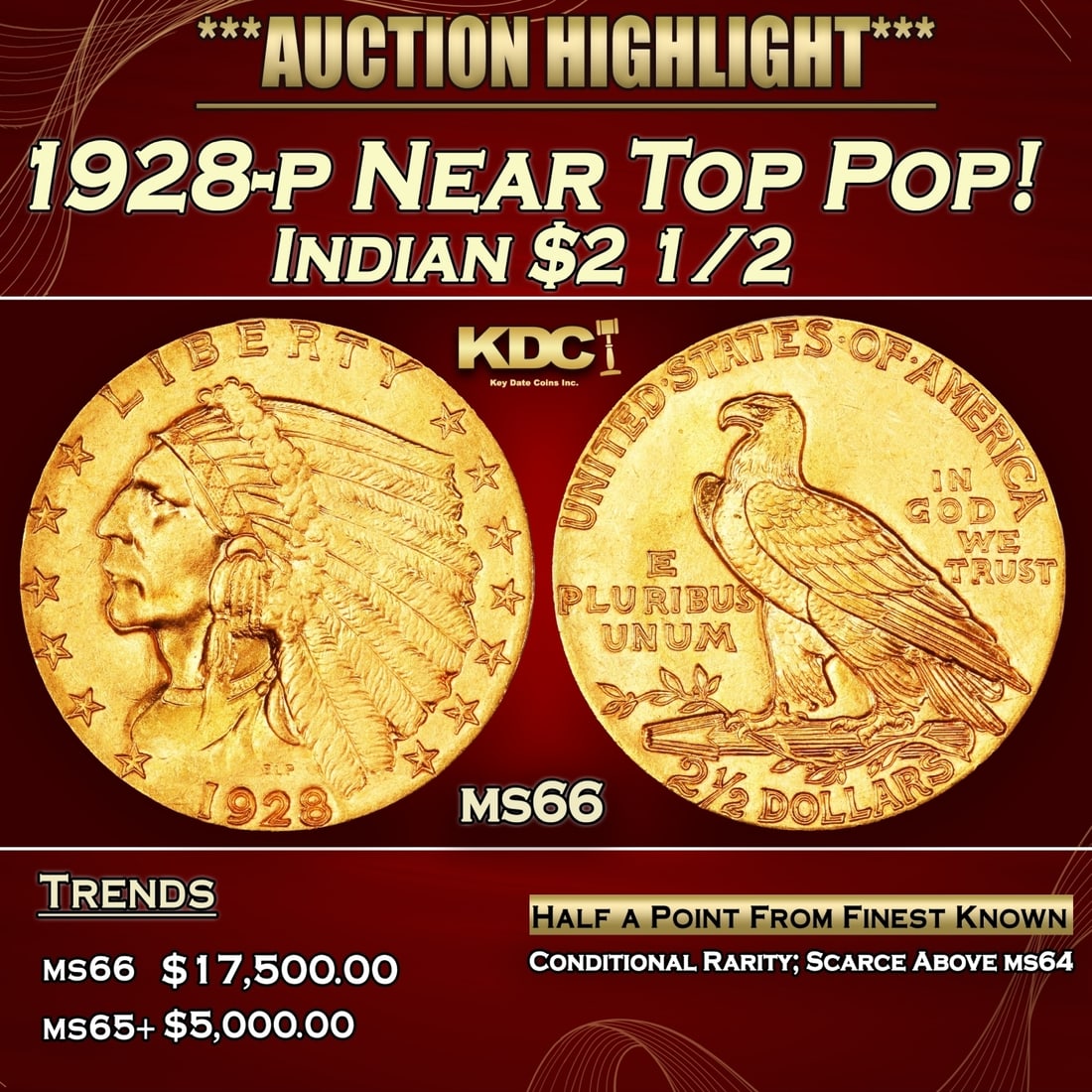 1928-p Gold Indian Quarter Eagle Near Top Pop! $2 1/2 ms66 USCG (1 of 4)