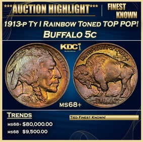 1913-p Ty I Buffalo Nickel Rainbow Toned TOP POP! 5c ms68+ SEGS