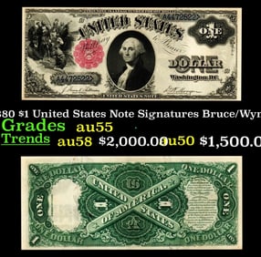 1880 $1 United States Note Grades Choice AU Signatures Bruce/Wyman