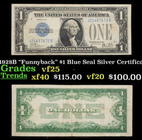 1928B $1 Blue Seal Silver Certificate "Funnyback" Grades vf+