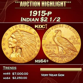 1915-p Gold Indian Quarter Eagle $2 1/2 ms64+ SEGS