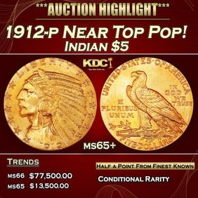 1912-p Gold Indian Half Eagle Near Top Pop! $5 ms65+ USCG