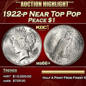 1922-p Peace Dollar Near Top Pop $1 ms66+ SEGS