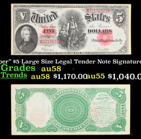 1907 $5 Large Size Legal Tender Note "WoodChopper" Grades Choice AU/BU Slider Signatures