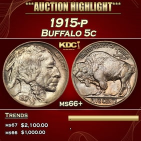 1915-p Buffalo Nickel 5c ms66+ SEGS