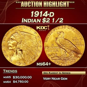 1914-d Gold Indian Quarter Eagle $2 1/2 ms64+ SEGS