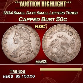 1834 Small Date Small Letters Capped Bust Half Dollar Toned 50c ms63 USCG