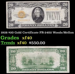 1928 $20 Gold Certificate FR-2402 Woods/Mellon Grades xf