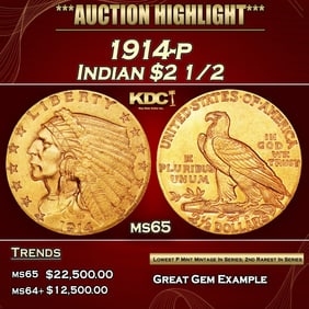 1914-p Gold Indian Quarter Eagle $2 1/2 ms65 SEGS