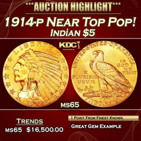 1914-p Gold Indian Half Eagle Near Top Pop! $5 ms65 USCG