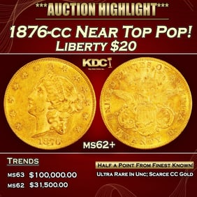 1876-cc Gold Liberty Double Eagle Near Top Pop! $20 ms62+ USCG