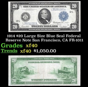 1914 $20 Large Size Blue Seal Federal Resrve Note San Francisco, CA Grades xf FR-1011