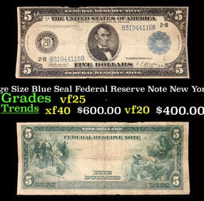 1914 $5 Large Size Blue Seal Federal Reserve Note New York, NY Grades vf+ FR-848