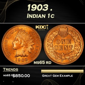 1903 Indian Cent . 1c Grades ms65 rd