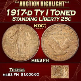 1917-d Ty I Standing Liberty Quarter Toned 25c ms63 FH USCG