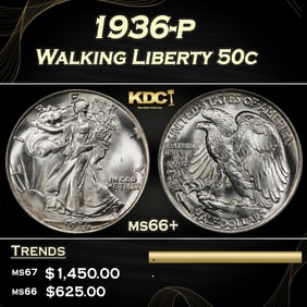 1936-p Walking Liberty Half Dollar 50c ms66+ SEGS