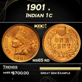 1901 Indian Cent . 1c Grades ms65 rd