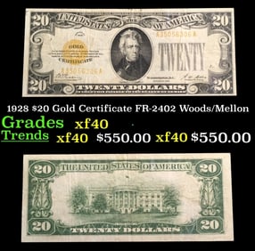 1928 $20 Gold Certificate FR-2402 Woods/Mellon Grades xf