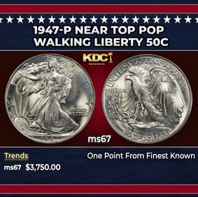 1947-p Walking Liberty Half Dollar Near Top Pop 50c ms67 SEGS