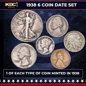 1938 6 Coin Date Set, 1 Of Each Type Of Coin Minted in 1938