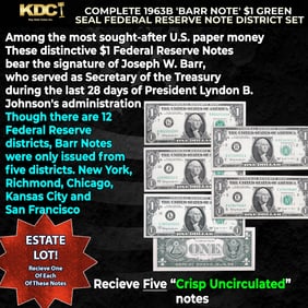 Complete 1963B 'Barr Note' $1 Green Seal Federal Reserve Note District Set, 5 Notes CU