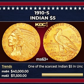 1910-s Gold Indian Half Eagle $5 ms63+ SEGS