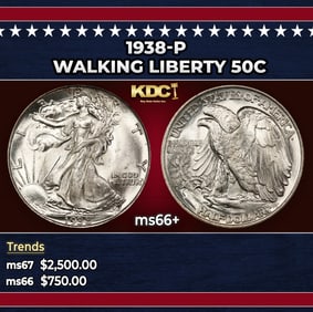 1938-p Walking Liberty Half Dollar 50c ms66+ SEGS