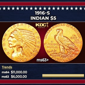 1916-s Gold Indian Half Eagle $5 ms63+ USCG