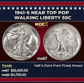 1941-s Walking Liberty Half Dollar Near Top Pop 50c ms67 SEGS