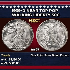 1939-d Walking Liberty Half Dollar Near Top Pop 50c ms67 SEGS