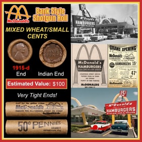 Lincoln Wheat Cent 1c Mixed Roll Orig Brandt McDonalds Wrapper, 1915-d end, Indian other end