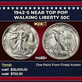 1942-s Walking Liberty Half Dollar Near Top Pop 50c ms66+ SEGS
