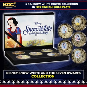 5 Coin Disney Snow White & The 7 Dwarves Gold Plated Round Collection In Custom Box W/ Special