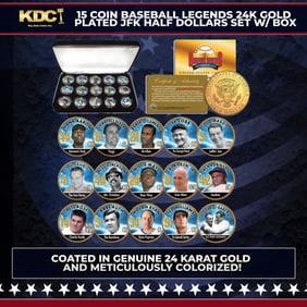 15 Coin Baseball Legends 24K Gold Plated JFK Half Dollars Set w/ Box Other Toy