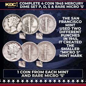 Complete 4 Coin 1945 Mercury Dime Set P, D, S & Rare Micro 'S'