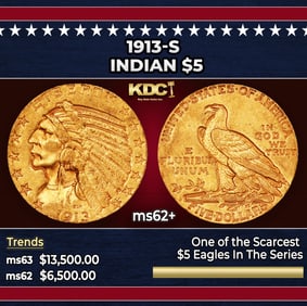 1913-s Gold Indian Half Eagle $5 ms62+ USCG
