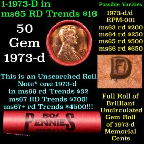 BU Shotgun Lincoln 1c roll, 1973-d 50 pcs Bank Wrapper 50c