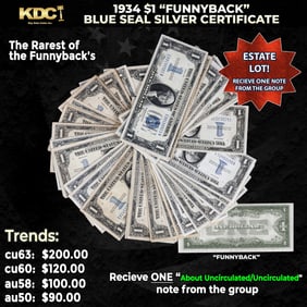 1x 1934 $1 Funnyback Blue Seal Silver Certificate Grades AU/CU