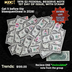 1x 1976 $2 Federal Reserve Note 1st Day of Issue, with Stamp Grades CU