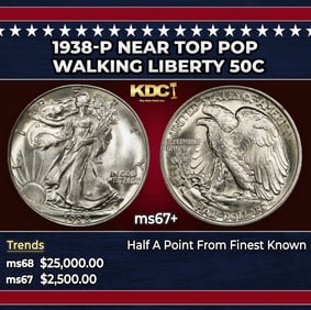 1938-p Walking Liberty Half Dollar Near Top Pop 50c ms67+ SEGS