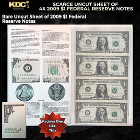 Scarce Uncut Sheet of 4x 2009 $1 Federal Reserve Notes In BeP Folder