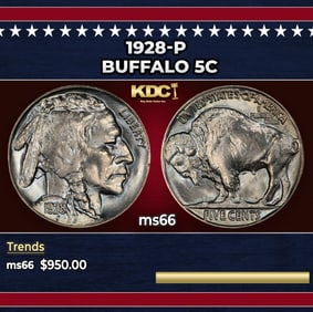 1928-p Buffalo Nickel 5c Grades ms66