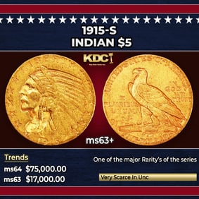1915-s Gold Indian Half Eagle $5 ms63+ USCG